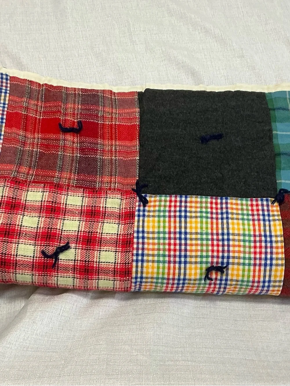 Vintage handmade patchwork quilt yarn tied plaid blanket with skirt 82x70